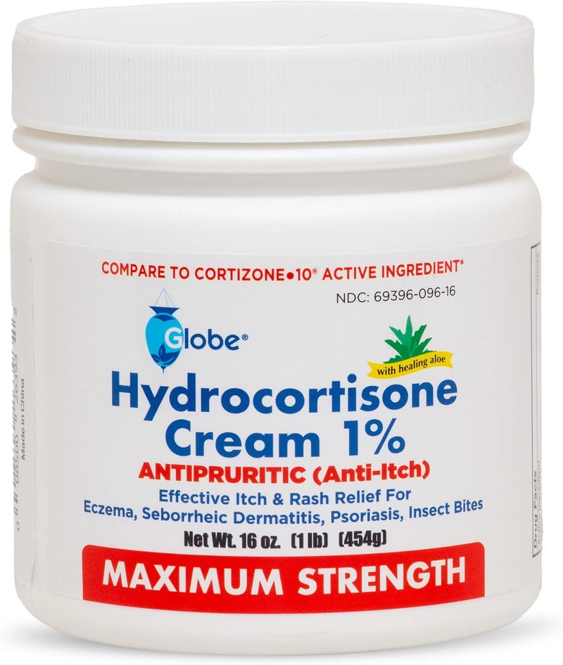 Globe Hydrocortisone Maximum Strength Cream 1% w/Aloe, 16 oz, Anti-Itch Cream for Redness, Swelling, Itching, Rash, Bug/Mosquito Bites, Eczema, Hemorrhoids & More, 16 oz Jar - Image 1